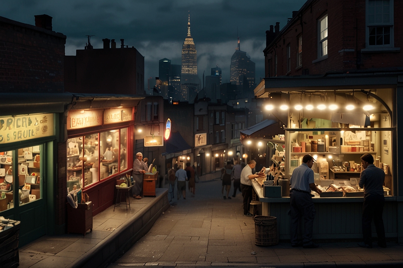 Evening atmosphere at an urban street market with city skyline in the background.