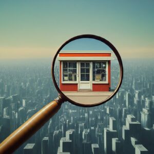 A magnifying glass focusing on a single window against a backdrop of a dense cityscape.