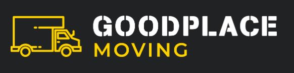 Logo of Goodplace Moving with a yellow outline of a moving truck on a dark background.