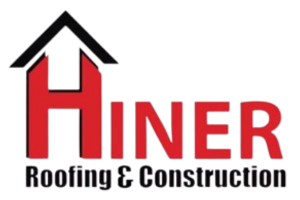 Logo for Hiner Roofing & Construction, featuring a stylized red letter "H" with a black roof design above it.