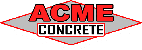 ACME Concrete logo with bold red and black text over a gray diamond background. The words "Raising & Repair Inc" are faintly visible underneath.