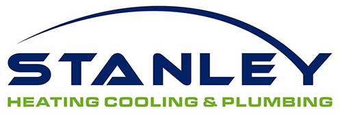 Stanley Heating Cooling & Plumbing logo with "Stanley" in blue and "Heating Cooling & Plumbing" in green text below, and a blue arc over the word "Stanley.