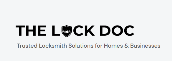 Logo for "The Lock Doc" with a shield and lock icon in place of the "O," and the tagline: "Trusted Locksmith Solutions for Homes & Businesses.