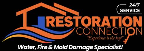 Logo for Restoration Connection, advertising 24/7 service and specializing in water, fire, and mold damage restoration. Slogan: "Experience is the key.