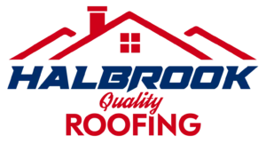 Halbrook Quality Roofing logo featuring a red house roof outline with a chimney and window above the company name in blue and red text.