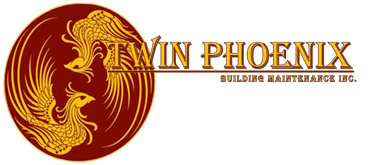 Logo for Twin Phoenix Building Maintenance Inc. featuring two stylized gold phoenixes facing each other inside a red and gold circular design, with company name in bold text.