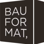 Black cube with the white text "BAU FORMAT," stacked in three lines on the front face.