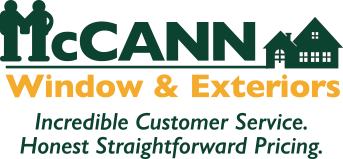McCANN Window & Exteriors logo with text: "Incredible Customer Service. Honest Straightforward Pricing." Green and gold color scheme with house and two figures icons.