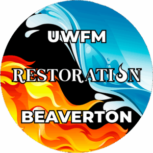 Circular logo with blue water waves on top, orange flames on bottom, and the words "UWFM Restoration Beaverton" in bold white and black letters.